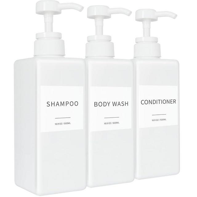 Shampoo and Conditioner Dispenser, Refillable Plastic Shampoo Pump Bottles with Waterproof Labels, Empty Body Wash Dispenser Set for Bathroom, Shower Soap Dispenser (White, Set of 3, 16.9oz)