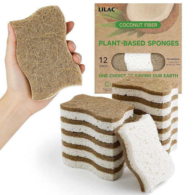 LILAC 12 Pack Natural Cellulose Sponges for Dishes - Non-Scratch Kitchen Scrub Sponges - 100% Biodegradable & Eco-Friendly Cleaning Sponges for Non-Stick Cookware, Bathroom & Household