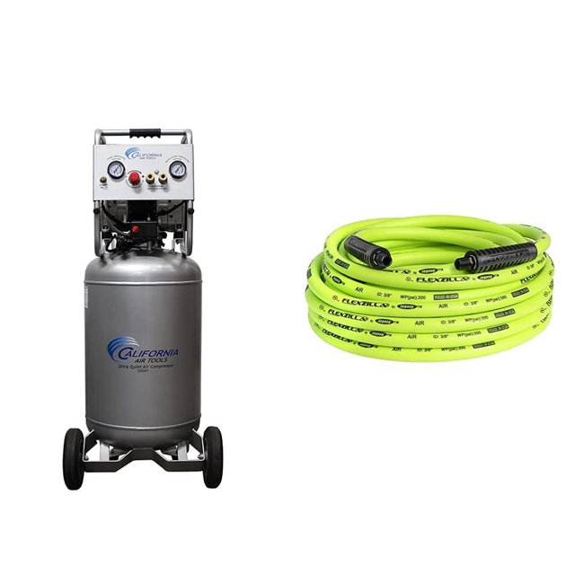 California Air Tools 20020 Ultra Quiet & Oil-Free Air Compressor 2.0 Hp, 20.0 Gal. Steel Tank Air Compressor & Flexzilla Air Hose, 3/8 in. x 50 ft, 1/4 in.