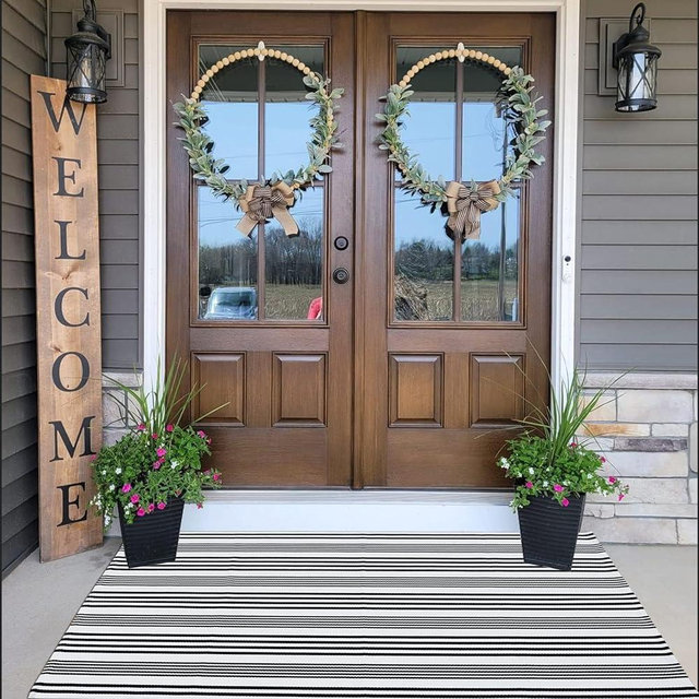 Black and White Striped Outdoor Rug Front Porch Rug 35.4''x59'' Cotton Hand-Woven Welcome Mats Layered Door Mats for Front Porch/Entryway/Laundry Room/Bedroom/Outdoor (35.4''x59'')