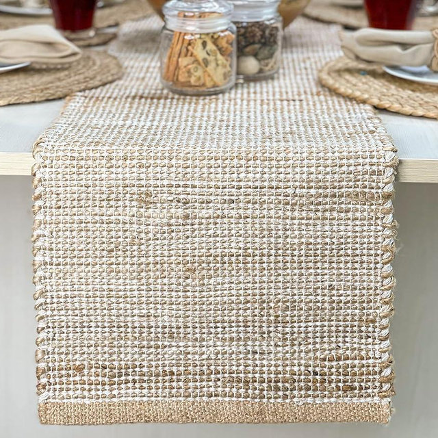 Chardin home | Natural Jute Table Runner | 13x90 Inch. Rustic Farmhouse Table Runner | Table Runner Colors - Natural Jute and Ivory/Beige