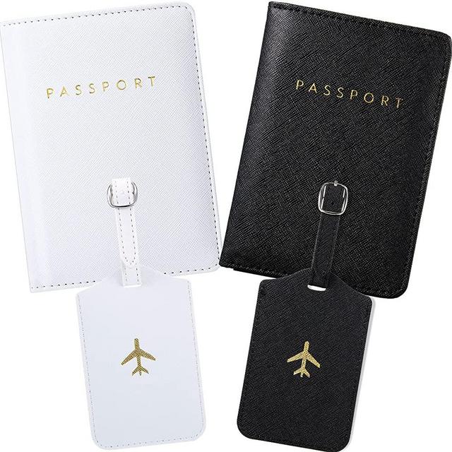 2 Pieces Passport Covers and 2 Pieces Luggage Tags, Passport Holder Travel Suitcase Tag (White, Black)