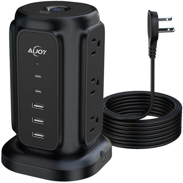 Flat Plug Power Strip Tower with 2 USB-C and 3 USB-A Ports, AiJoy 6.5 FT Ultra Thin Extension Cord with Multiple Outlets, 1200J Surge Protector with 9 AC Outlets for Office Supplies, Dorm Essentials