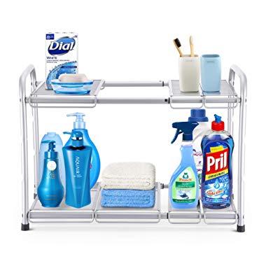 Simple Trending 2-Tier Under Sink Expandable Cabinet Shelf Organizer Rack for Kitchen Bathroom Storage, Silver