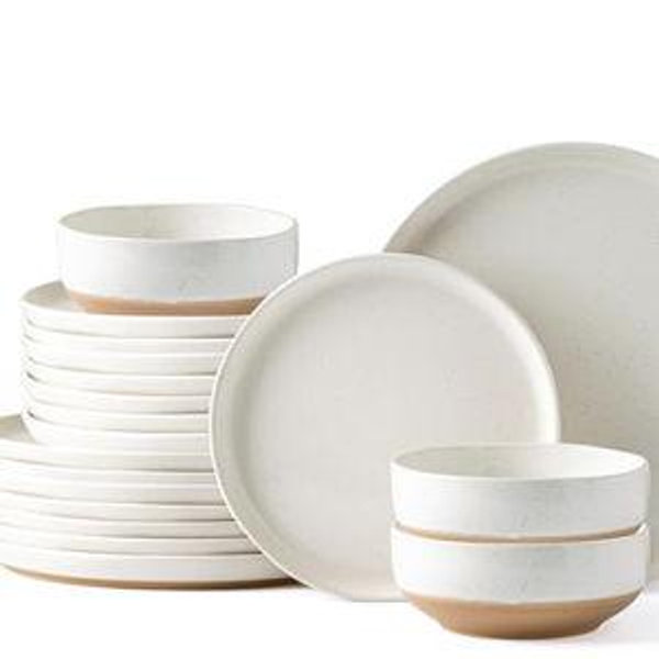 AmorArc Ceramic Dinnerware Sets for 8, 24 Pieces Handpainted Plates and Bowls Set with Rustic Terracotta Underside, Scratch Resistant Stoneware Dishes Set, Dishwasher & Microwave Safe, Light Beige