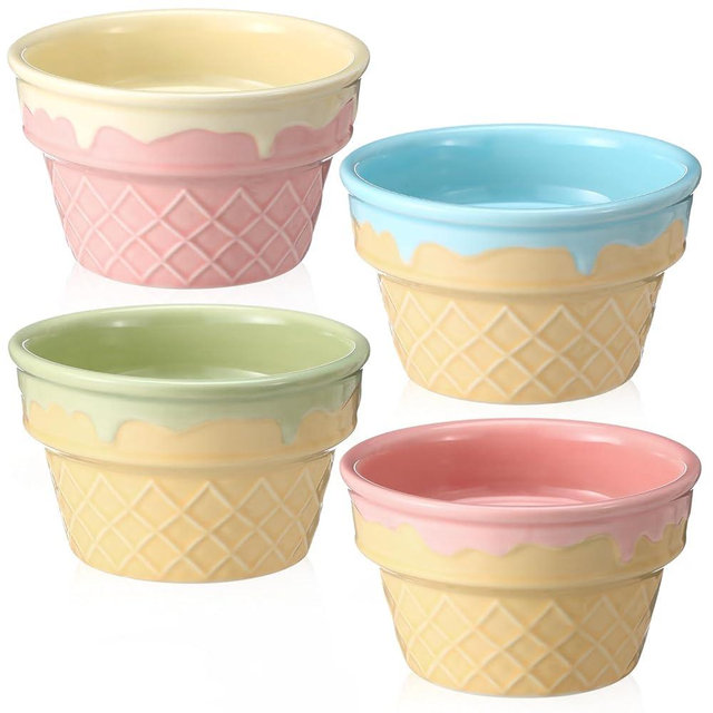 Honeydak 4 Pcs Ice Cream Ceramic Bowls 9 oz Waffle Ice Cream Cups Reusable Sundae Dessert Snack Containers for Summer Kid Adult Birthday Home Yogurt Soup Bar Party Supplies
