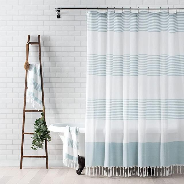 Elrene Home Fashions Boho Harper Stripe Knotted Tassel Fabric Shower Curtain for Bathroom, 72"x72", Spa Blue