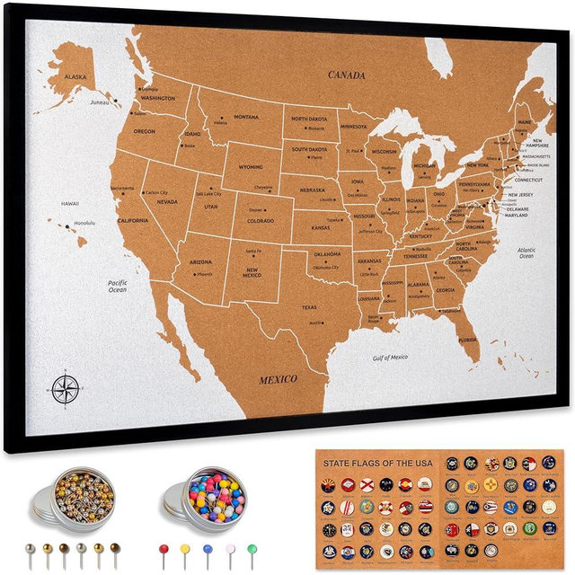 USA Travel Map with Pins – Large 30" x 20" United States Cork Board Wall Map with Wood Frame, Decorative Push Pin Map with 51 State Flag Pins, Metallic & Colored Pins – Track Travels – Gift for Travelers, Couples & Families