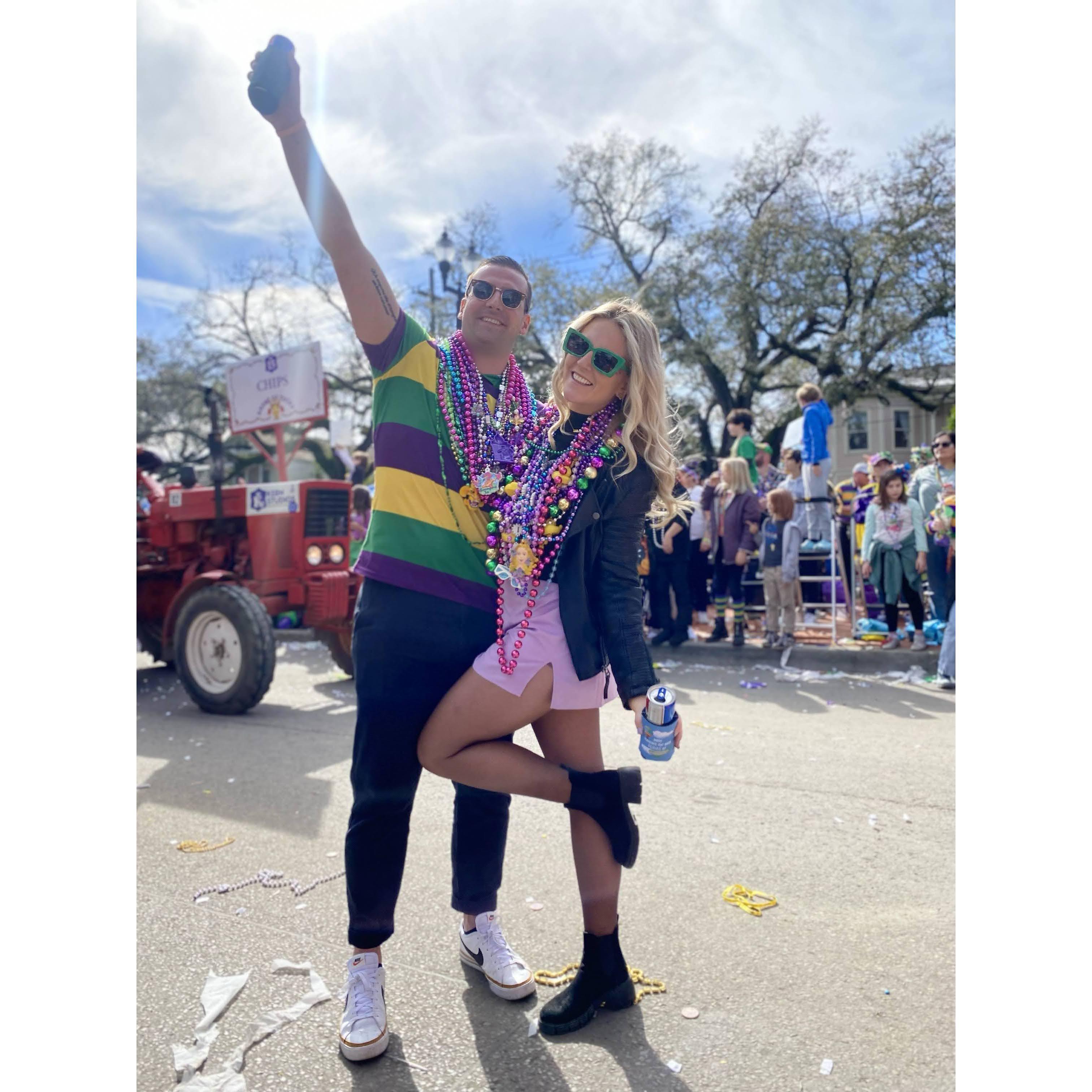 Enjoying Mardi Gras celebrations while visiting Lacey & Liam.