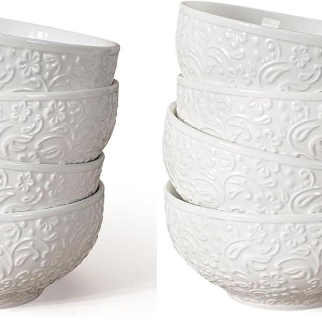 Artena Ceramic Cereal Bowls 26 oz, Embossment Soup Bowls Set of 4, White Salad Bowl for Kitchen, Dinner, Breakfast, Oatmeal, Rice, Pasta, Dishwasher Microwave Safe, 6 inch (Flower) (Pack of 2)
