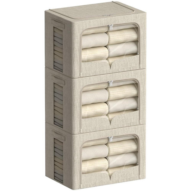 FHSQX 3 Pack Clothes Storage Bins - Foldable Metal Frame Storage Box - Stackable Linen Fabric Container Organizer Set with Carrying Handles and Clear Window (Beige, 16.5x12.2x12.2inch(40L))