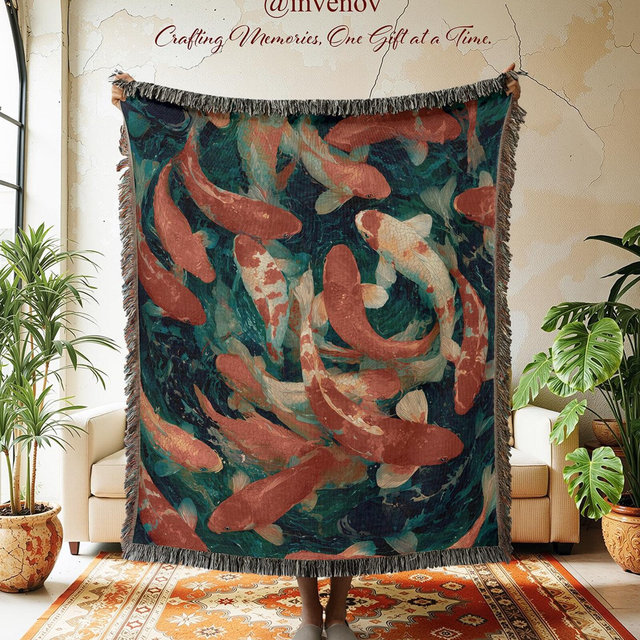 Koi Fish Woven Blanket, Japanese Pond Tapestry, Orange Teal Water Throw, Zen Room Decor, Aquatic Animal Bedspread, Nature Lover Gift