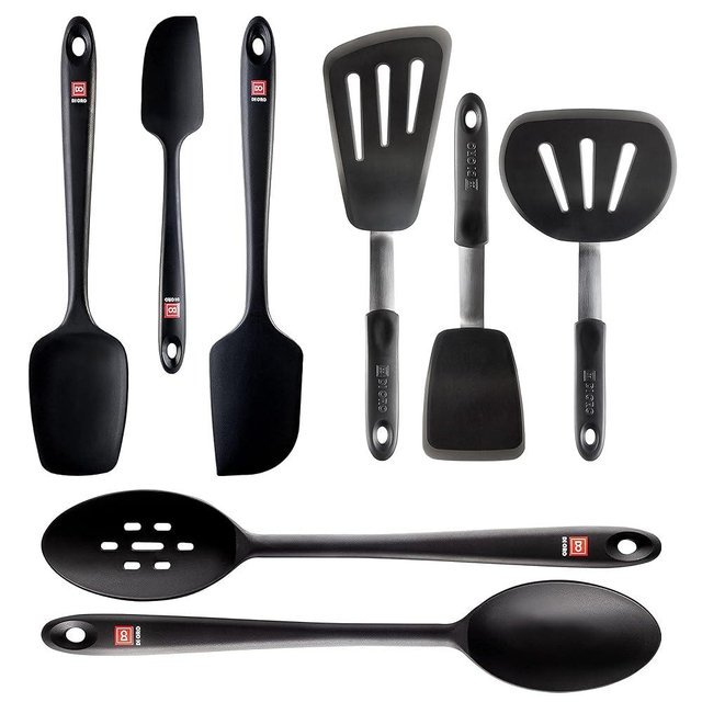 DI ORO Chef's Choice 8-Piece Silicone Spatula & Spoon Set - 600°F Heat-Resistant Kitchen Utensils - Dishwasher Safe & Flexible - Heavy-Duty Stainless Steel Core - Cooking and Baking Gadgets (Black)