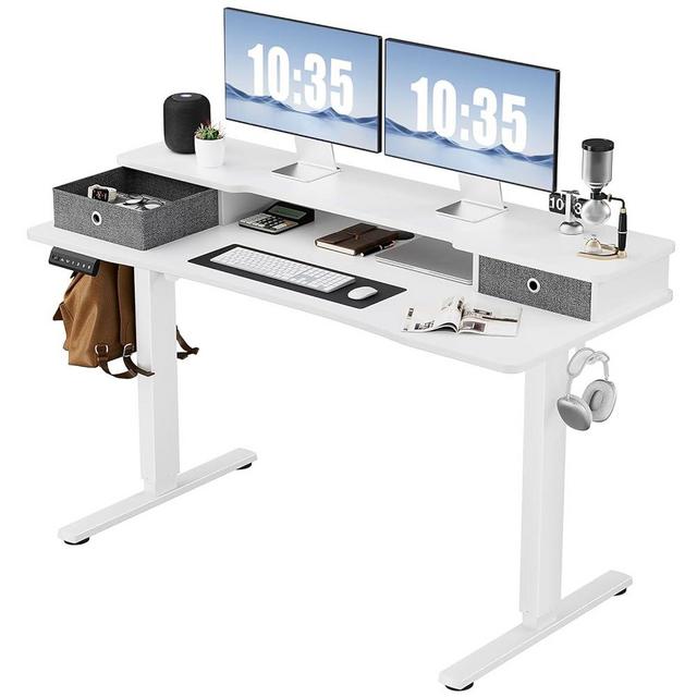 OLIXIS Electric Standing Desk - 55 x 24 Inch Adjustable Height Sit and Stand Up Computer Table with Double Drawers, Wire Hole and Hook for Home and Office, Gaming, Drafting, Writing, White