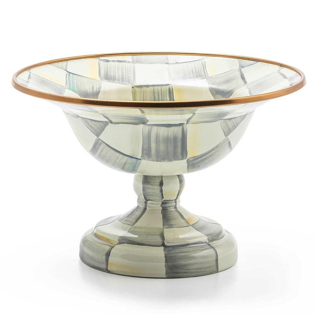 MACKENZIE-CHILDS Sterling Check Enamel Compote, Small Enamel Fruit Bowl or Pedestal Candy Bowl, Decorative Serving Bowl