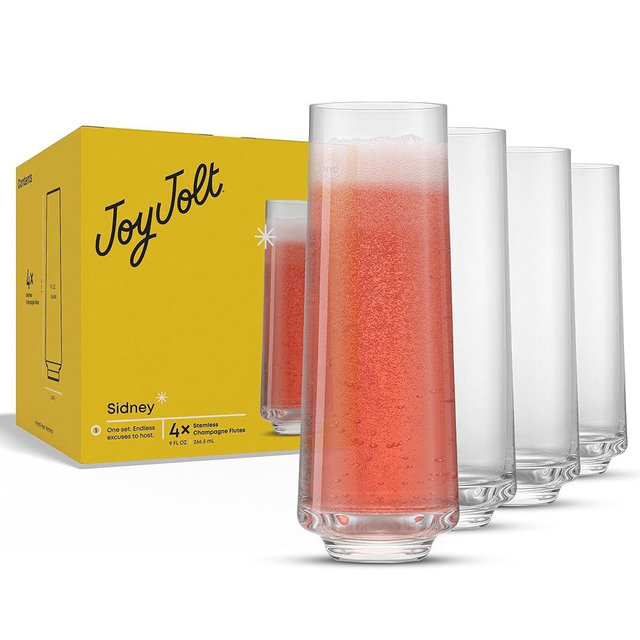 JoyJolt Sidney 9 oz Stemless Champagne Flutes Set of 4 | Modern Champagne Glasses for Prosecco, Rose, Sparkling Wine, Mimosa, Wedding Registry/Hosting Gifts | Premium Crystal Made in Europe