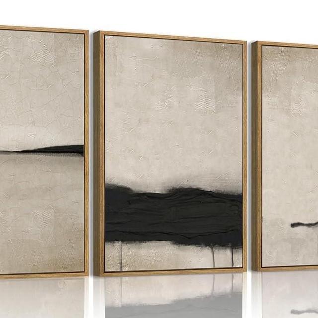 myusuar 3 Piece Large Modern Abstract Canvas Framed Wall Art For Living Room, Black And Beige Vintage Minimalist Wall Art Decor Posters Prints For Bedroom Office 16x24in