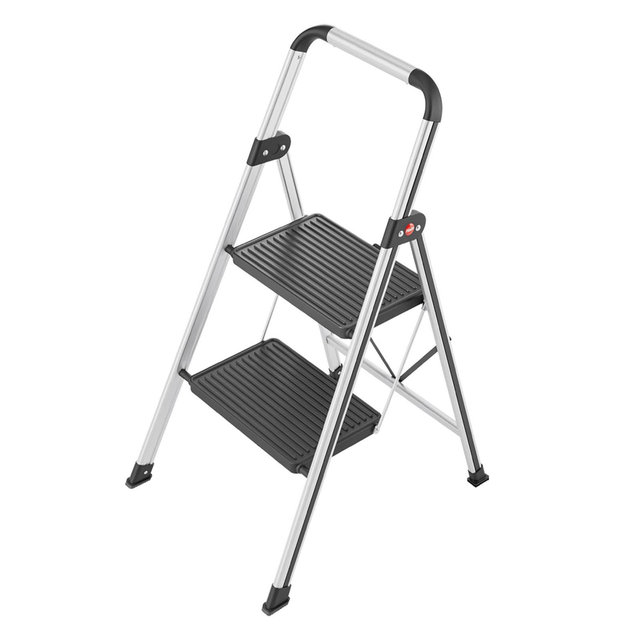 Hailo Folding Step Stool, 2 Collapsible Non-Slip Steps with Aluminum Frame and Rubber Feet for Garage, Home and Kitchen, K71, Silver/Black