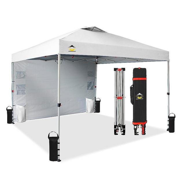 CROWN SHADES 10x10 Pop up Canopy Instant Canopy with 1 Removable Sidewall,4 Ropes & 8 Stakes & 4 Weight Bags, STO'N and Go Bag, Siver-Coated White - with Organizer Pockets