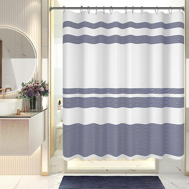 AmazerBath Shower Curtain, Striped Blue Fabric Shower Curtain Set with 12 Shower Curtain Hooks, Rustic Cloth Blue and White Shower Curtain, Western Farmhouse Bathroom Shower Curtain Sets, 72x72 Inches