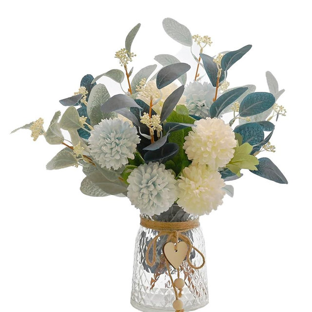 NAWEIDA Artificial Flowers with Vase, Faux Flower Arrangement with Eucalyptus Leaves, Silk Hydrangea Table Centerpiece for Home Office Kitchen, Dining Room & Coffee Table Decor