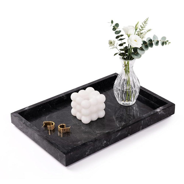 Homaura Marble Bathroom Tray for Countertop & Home Decor, Natural Decorative Marble Tray for Jewelry & Perfume Organizer, Luxury Stone Vanity Trays for Dresser, Kitchen Counter, 12" x 8", Gray Black