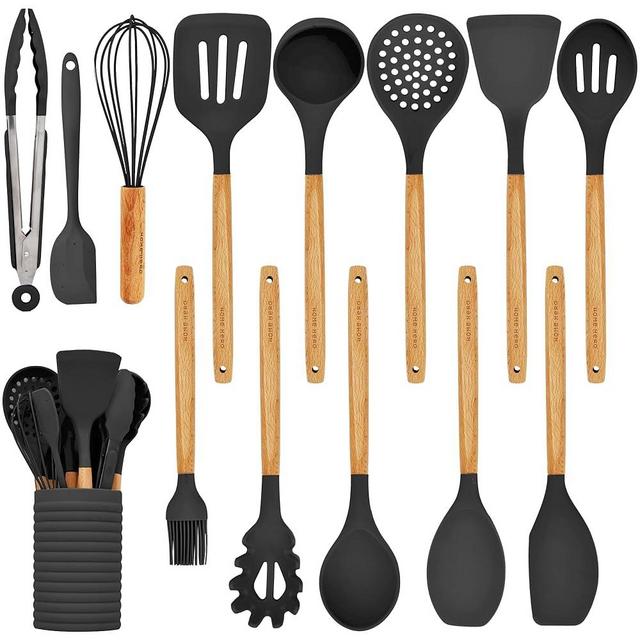 Home Hero Silicone Kitchen Utensils Set with Wooden Handle - Non-Stick Silicone Cooking Utensils Set - BPA Free Silicone Spatula Set - Heat Resistant Wooden Kitchen Utensil Set (14 Pcs - Black)