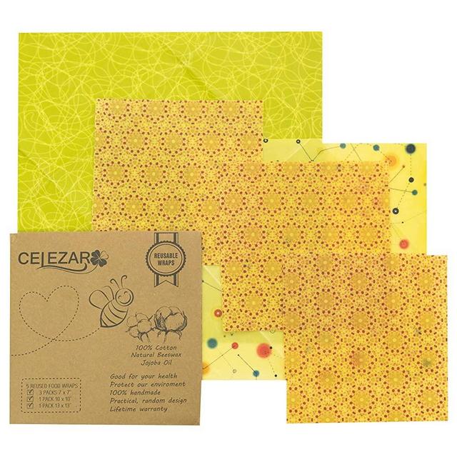 (5 pack) Reusable Beeswax Food Storage Wrap - Handmade, Natural Ingredients, Sustainable & Washable, Plastic Free & Biodegradable, Cover Bowl - 1 Large, 1 Medium, 3 Small with Color