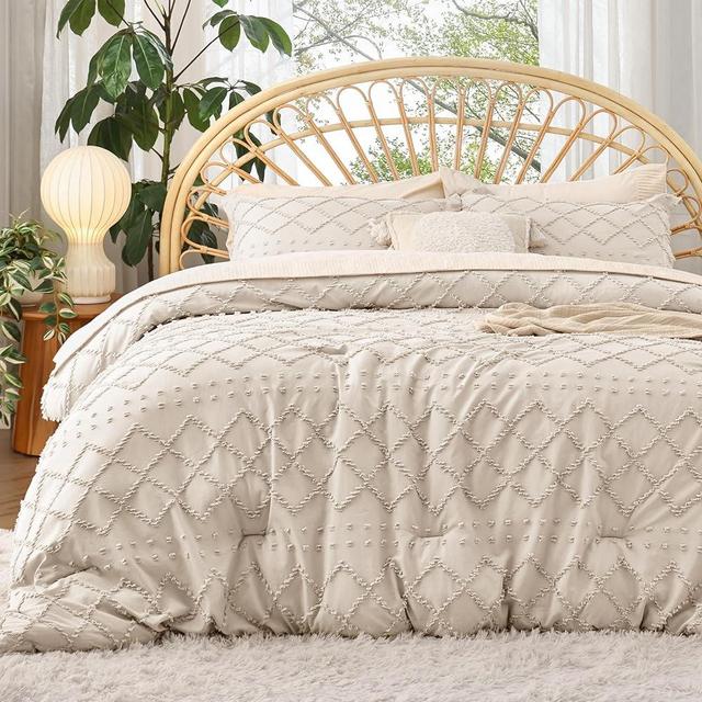 Bedsure Full Size Comforter Set - Beige Comforter, Boho Tufted Shabby Chic Bedding Comforter Set, 3 Pieces Vintage Farmhouse Bed Set for All Seasons, Fluffy Soft Bedding Set with 2 Pillow Shams