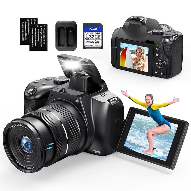4K Digital Cameras for Photography, 12X Optical Zoom 72MP Vlogging Camera for YouTube with 270°Flip Screen, Autofocus & Anti-Shake Camera, Wi-Fi & App-Controlled 4K Camera, 2 Batteries, 32GB SD Card