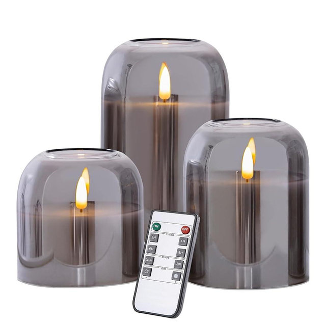 volnyus Grey Glass Flameless Candles Set of 3 (Φ 4" H 4" 5" 6") with Remote Battery Operated Flickering LED Pillar Candles Real Wax 3D Wick
