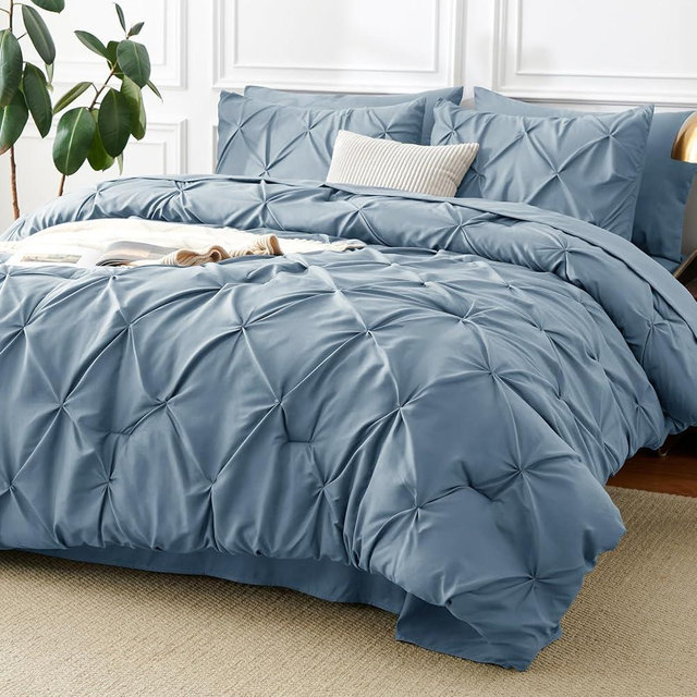 CozyLux Queen Comforter Set Mineral Blue, 7 Pieces Pintuck Bed in A Bag, Premium Blue Comforter Queen Size, Pinch Pleat Bedding Sets with Comforter, Flat Sheet, Fitted Sheet, Pillowcases & Shams