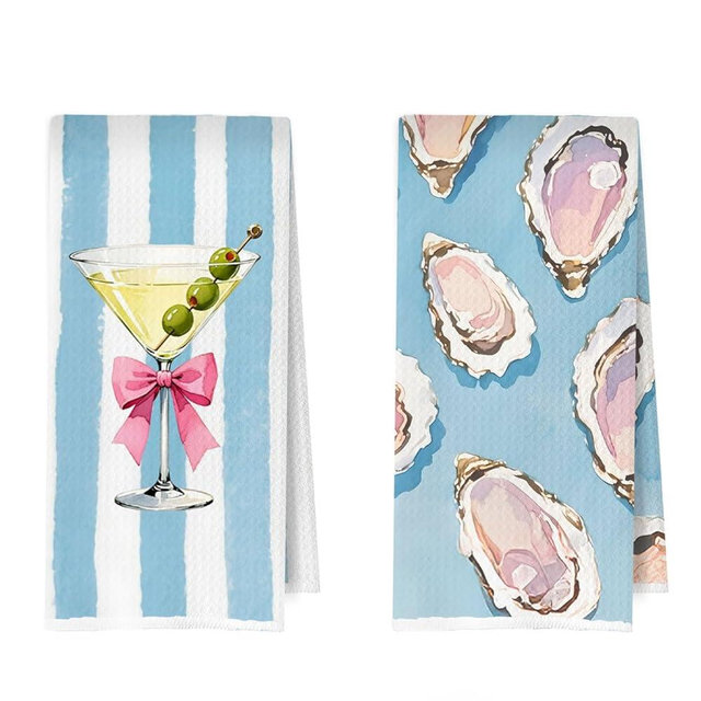 ERYBHKRTYH Oyster Martini Kitchen Towels Set - Coquette Coastal Waffle Decorative Dish Towels, Oyster Martini Gifts Hand Towel, Alcohol Gifts Tea Towel, 16x24 Inches Set of 2