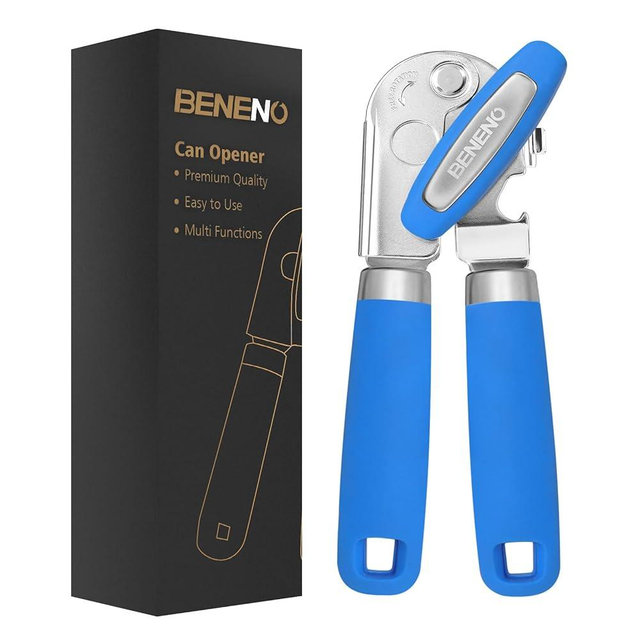 Beneno Multifunctional Heavy Duty Can Opener and Bottle Opener with Magnet, Durable Sharp Cutting Blade, Smooth Cutting Edge, Big Effort-Saving Knob & Soft Rubber Grip Handle, Klein Blue