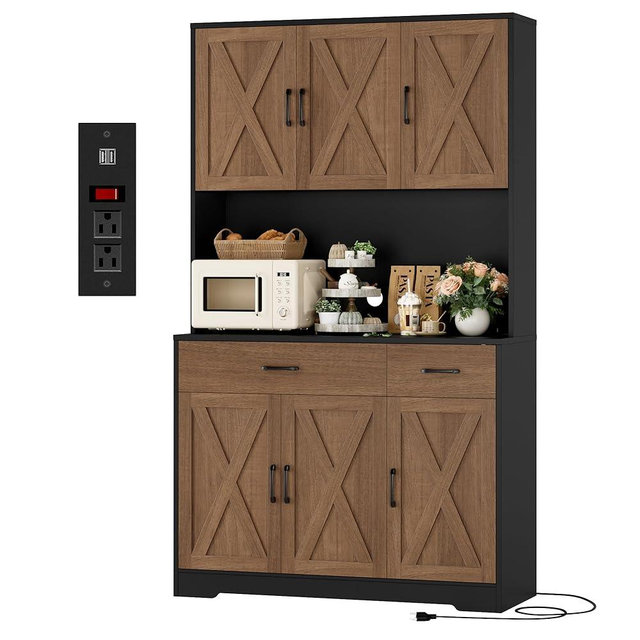 HOSTACK 71" Pantry Cabinet with Charging Station, Tall Kitchen Pantry Storage Cabinet with Microwave Stand, Farmhouse Kitchen Hutch with Storage Drawers for Living Room, Dining Room, Brown/Black