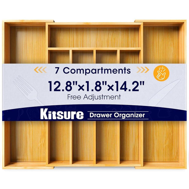 Kitsure Bamboo Silverware Organizer - Expandable Drawer Organizer for Utensil, Cutlery and Flatware, Kitchen Storage Solution with 6 to 8 Slots, Natural, 14.2" × 12.8" × 1.8"