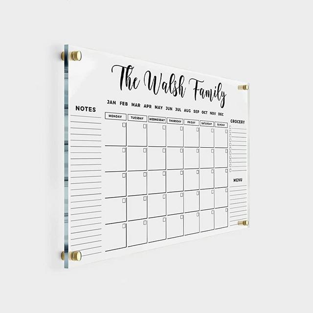 FAMILY NAME CALENDAR Personalized Acrylic Wall Calendar - Personalized Dry Erase Board, Horizontal Wall Calendar, Monthly and Weekly Calendar, Housewarming Gift, Goals, To Do