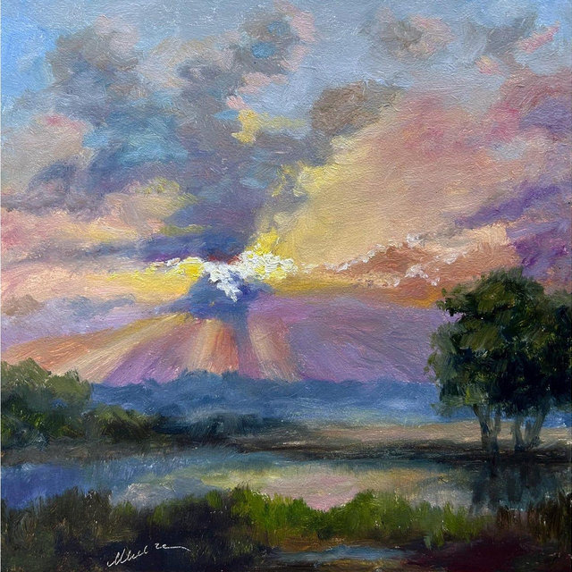 Texas Painting ORIGINAL Texas Landscape Art Sunset Oil Artwork Gift 10'' x 10'' by Muura