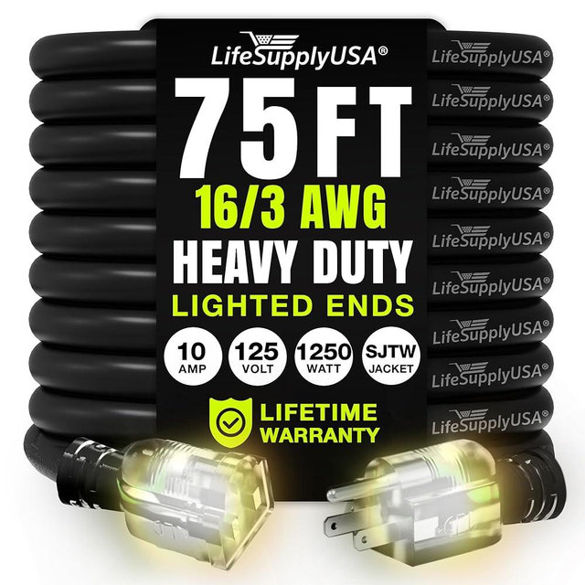 75ft Outdoor/Indoor Extension Cord 16/3 Gauge Heavy Duty 3 Prong SJTW, Waterproof, Flexible Cold-Resistant Long Power Cord,10A 125V 1250W, Black by LifeSupplyUSA