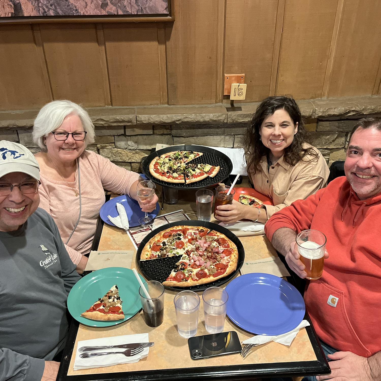 Enjoying dinner together at our lodge.