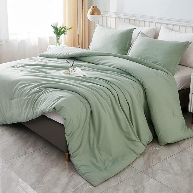 Litanika Queen Comforter Set Sage Green, 3 Pieces Boho Lightweight Solid Bedding comforters & Sets, Double Women Men Bed Set (90x90In Comforter & 2 Pillowcases)