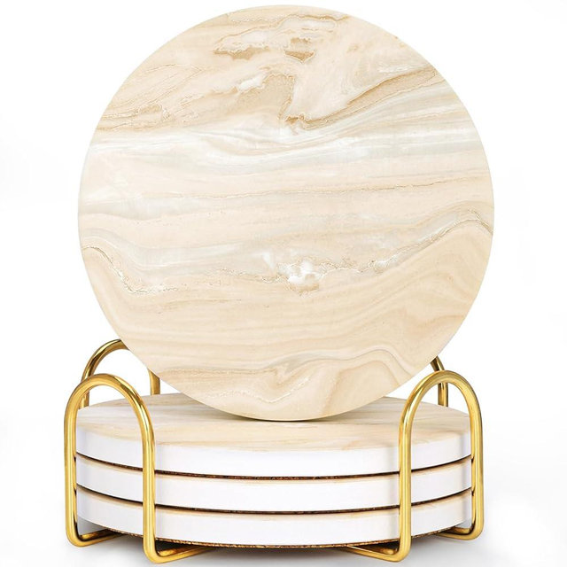 GOH DODD Coasters for Drinks Set of 4, Absorbent Marble Style Ceramic Coaster Set Cup Coasters Tabletop Protection Home Decor with Metal Golden Holder for Coffee Table, Beige, Round, 4 Inches