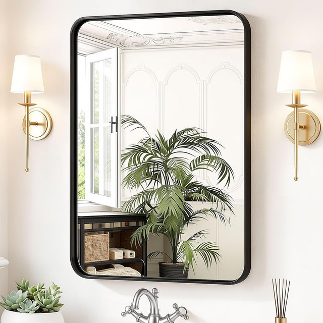 Sweetcrispy Bathroom Wall Mirror, 36x24 Inch Wall Mount Mirror for Over Sink, Modern Rounded Rectangle Vanity Mirrors with Matte Metal Framed, for Home Decor, Living Room, Bedroom, Black