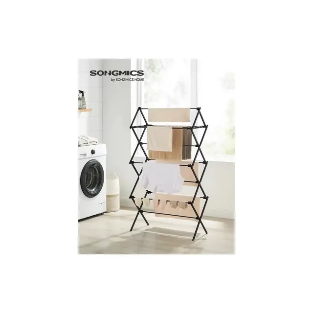 SONGMICS Foldable Clothes Drying Rack, Laundry Drying Rack, Clothes Airer, Steel Frame, 14.6 x 29.5 x 53.2 Inches, Indoor Outdoor Use, Black