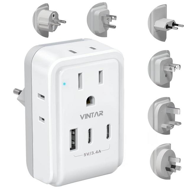 VINTAR Universal Travel Adapter Kit, International Power Adapter with 4 AC & 3 USB Ports(2 USB C), Type A,B,C,E/F,G,I, Swap Adapt Attachments, Travel Adapter Worldwide for Europe/UK/Aus/Japan/Africa