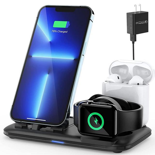 OLEBR 3 in 1 Charging Station for Multiple Devices Apple Bedside Charging Stand for iPhone and Apple Watch 7/6/SE/5/4/3/2/1 Charging Dock for AirPods Pro/3/2/1 (with 12W Fast Charger) Black