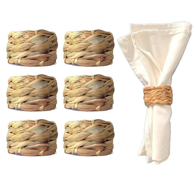 Laquedecraft Set 6 Woven Water Hyacinth Napkin Rings | Rustic Boho Wicker Napkin Holders | Natural Farmhouse Rattan Napkin Ring for Christmas, Thanksgiving Dining Table, Wedding Party