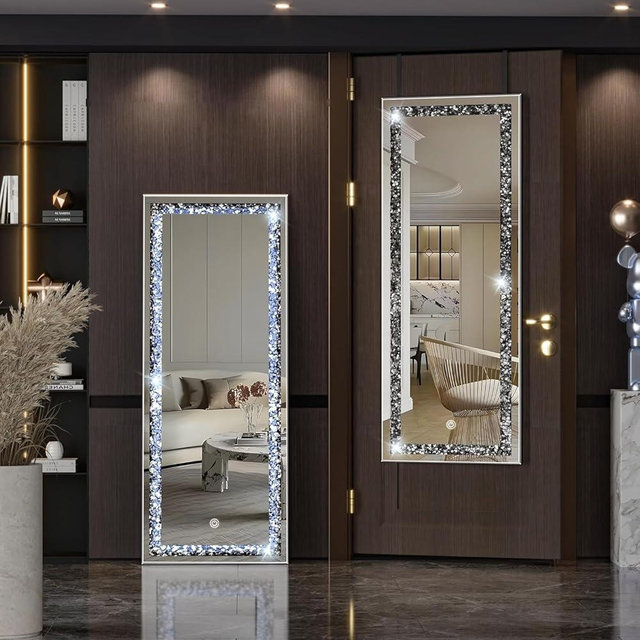 47"x18" Door Hanging Mirror with LED Lights — Crystal Diamond Frame, HD Reflective Glass, Non‑Slip Mount, Over‑The‑Door or Leaning, Full Body Mirror for Bedroom & Entryway