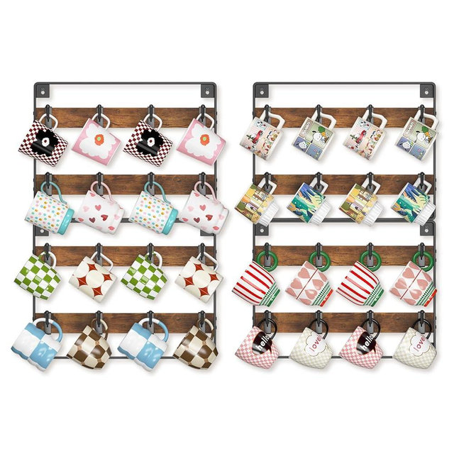EsLuker.ly Mug Holder Hanger Rack Wall Mounted Wooden 4 Pack Coffee Cup Storage Organizer Display Shelf with 32 Movable Plastic Hooks, Ideal for Mug Collectors