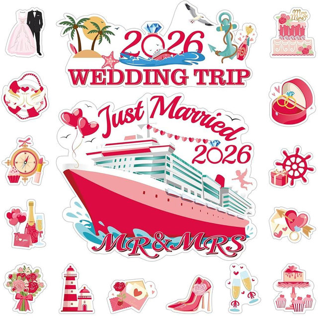 16 Pcs Wedding Cruise Door Decorations Magnets 2026 Just Married Cruise Door Magnets Mr and Mrs Honeymoon Vacation Cruise Magnetic Stickers Decals for Car Refrigerator Anniversary Carnival Cruise Ship